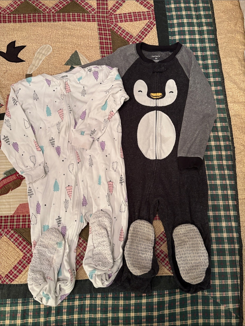 2 zipper footed onesie fleece and cotton bundle